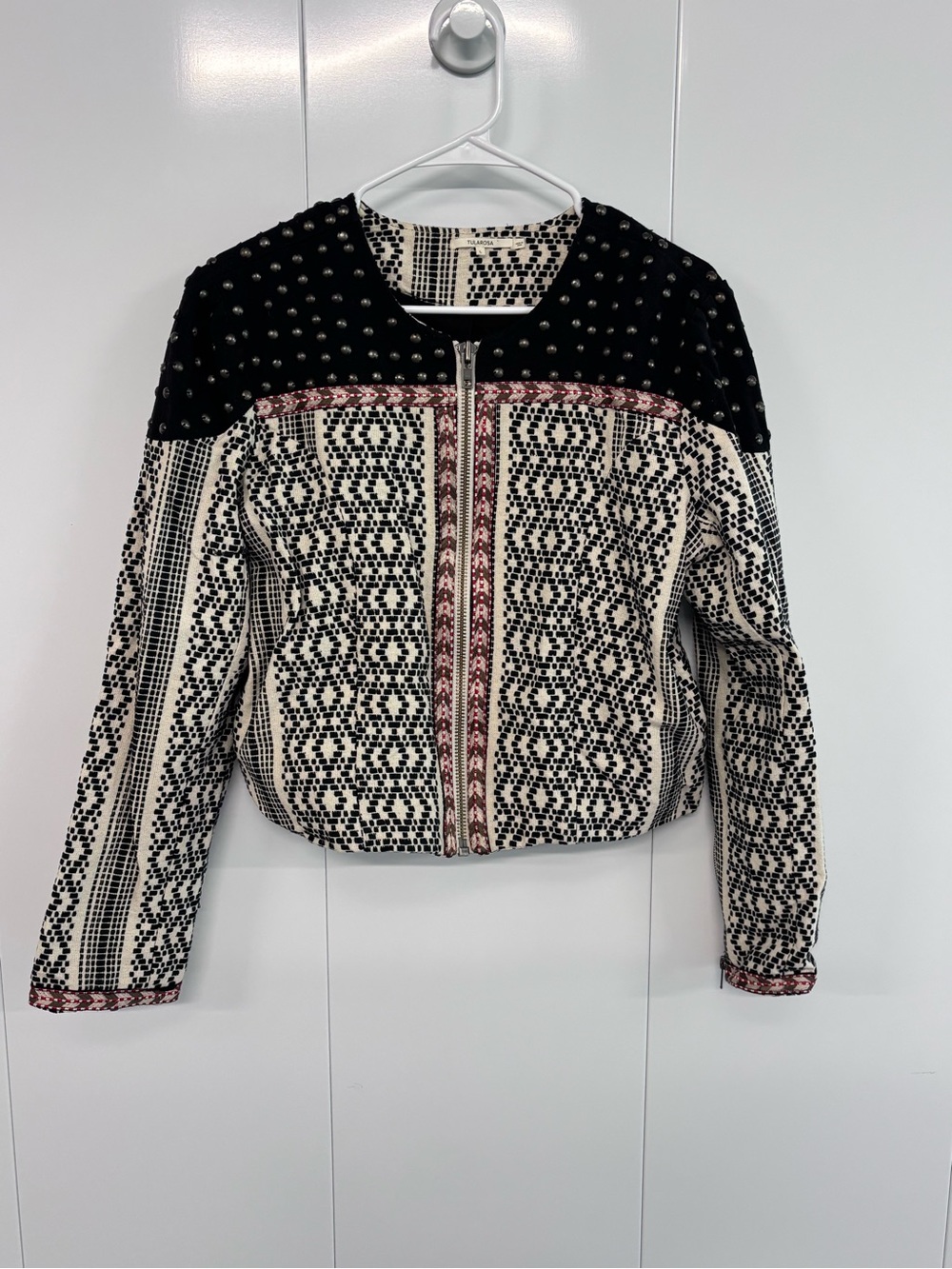 Tularosa Women's Black White Studded Geometric Jacquard Crop Moto Jacket Size L⁠